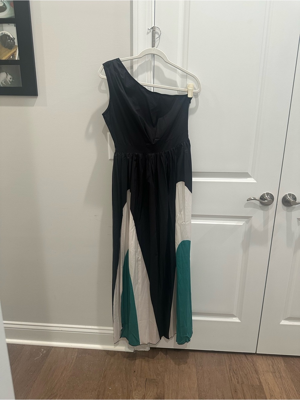 One Shoulder Black Maxi Dress with Teal and Cream Accents